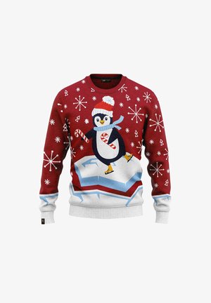 Roter Pullover mit einem Pinguin, der auf Eis Schlittschuh läuft, verziert mit weißen Schneeflocken und einem gestreiften Schal. Hergestellt aus Strickstoff mit gerippten Bündchen.