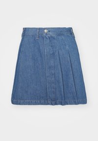 Denimkjol med en blå nyans, som har en midja, veck framtill och en klassisk finish. Metalldetalj i form av en knapp placerad vid midjan.