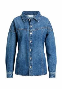Denim jacket in medium blue, featuring a button-down front, pointed collar, long sleeves, and visible seam detailing. Silver hardware accents.