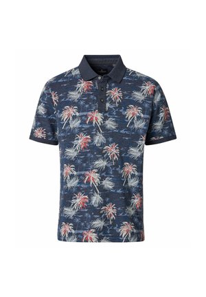 Marineblauw poloshirt met korte mouwen, een donkere kraag en een meerkleurige palmboomprint over de hele stof.