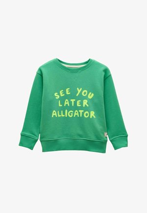 Vihreä pitkähihaisen collegepuseron hihansuissa ja helmassa resorit, edessä keltainen teksti "NÄHDÄÄN MYÖHEMMIN KAIKKIALLIGAATTORI".