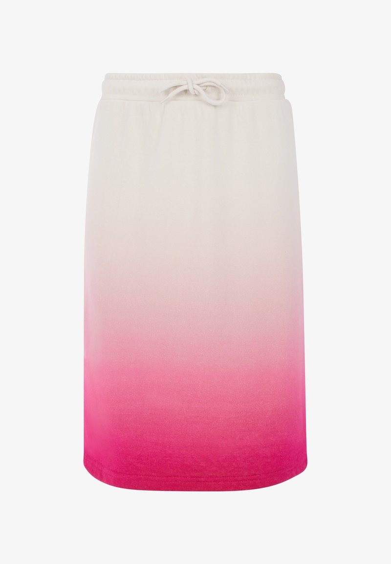 Lichte, taille rok met touwkoord en een verloopkleur ontwerp van wit naar roze, gladde textuur en een knielange snit.