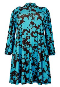 Blumenmusterkleid aus braunem und türkisfarbenem Stoff. Es verfügt über lange Puffärmel, einen hoch geschnittenen Hals und eine fließende, A-Linien-Form mit Blumenmustern.