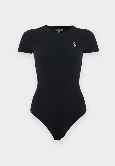 Svart tettsittende body med kortermet design, rund hals og liten hvit polo-spillerlogo på venstre bryst.