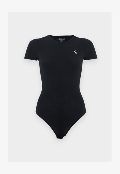 Svart tettsittende body med kortermet design, rund hals og liten hvit polo-spillerlogo på venstre bryst.