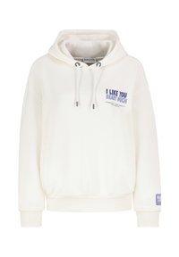 Cremefarbener Hoodie aus weichem Material mit Kängurutasche, verstellbarer Kordelzugkapuze und blauem Text: "I LIKE YOU BEARY MUCH."