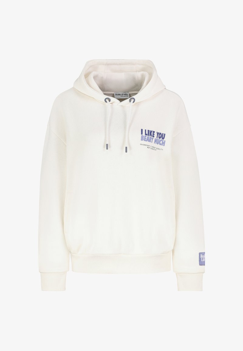 Cremefarbener Hoodie aus weichem Material mit Kängurutasche, verstellbarer Kordelzugkapuze und blauem Text: "I LIKE YOU BEARY MUCH."