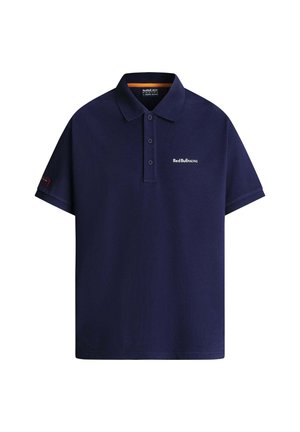 Tumši zils īsroku polo krekls ar apkakli, trim pogām un baltu "Red Bull Racing" logotipu uz krūtīm.