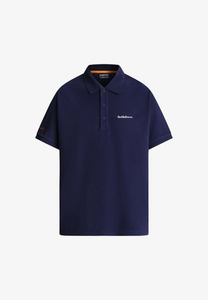 Granatowa koszulka polo z krótkim rękawem, kołnierzykiem, trzema guzikami i białym logo "Red Bull Racing" na piersi.