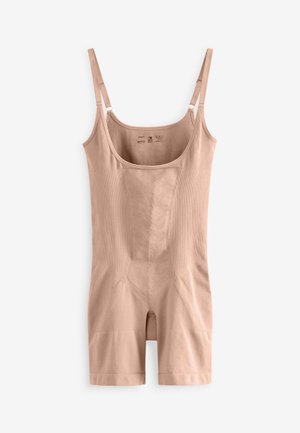Beige shapewear bodysuit met verstelbare banden, een gladde textuur, korte lengte en paneel-details voor ondersteuning en vormgeving.