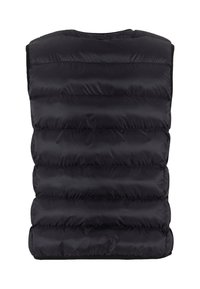 Sort puffer vest med et quiltet design, der har horisontale kanaler og en høj krave. Glat stofstruktur uden synlige lukninger.