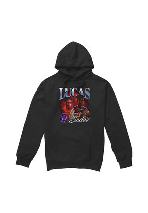 Black hoodie featuring artwork of a young man with the text "LUCAS Sinclair" in bold and script fonts on the front.