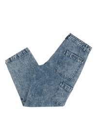 Pantalones de mezclilla azul con efecto de lavado ácido y corte holgado, que cuentan con múltiples bolsillos y una cinturilla estándar, superficie texturizada y costuras en contraste.