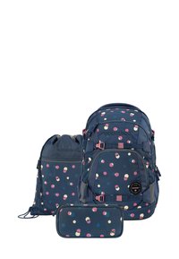 Backpack set with a navy fabric featuring a multicolored polka dot pattern. Includes a main backpack, a drawstring bag, and a pencil case.