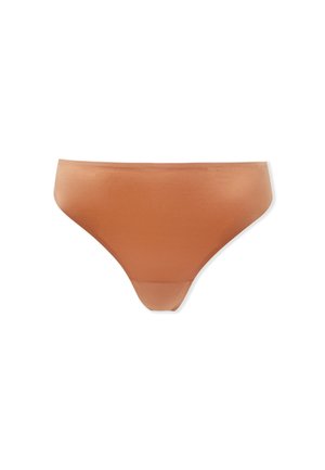 Parte inferior de bikini marrón hecha de un material suave, con un corte clásico y cobertura moderada. No se observan patrones ni acentos.