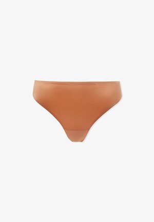 Bas de bikini marron en matériau lisse, présentant une coupe classique avec une couverture modérée. Aucun motif ni accent visible.