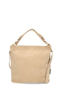 Beige leren handtas met een gestructureerde vorm, dubbele handvatten aan de bovenkant, verstelbare schouderriem en subtiele stiksels.