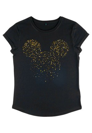 T-shirt noir à manches courtes avec un design à gradient doré en forme de tête de Mickey Mouse. Matière en coton doux.