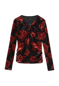 Maglia nera in velluto a maniche lunghe con motivo di rose rosse, caratterizzata da un dettaglio frontale attorcigliato e una texture morbida.