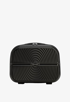 Zwarte rechthoekige reiskoffer met harde schaal, concentrische cirkelstructuur, dubbele rits, handvat aan de bovenkant en het "WITTCHEN"-logo in het midden aan de voorkant.