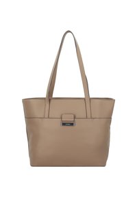 Beige tote bag made of textured leather, featuring two long handles and a front clasp detail with a silver-tone accent.