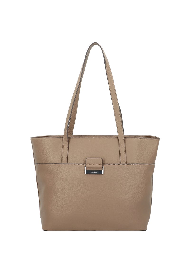 Beige tote bag made of textured leather, featuring two long handles and a front clasp detail with a silver-tone accent.