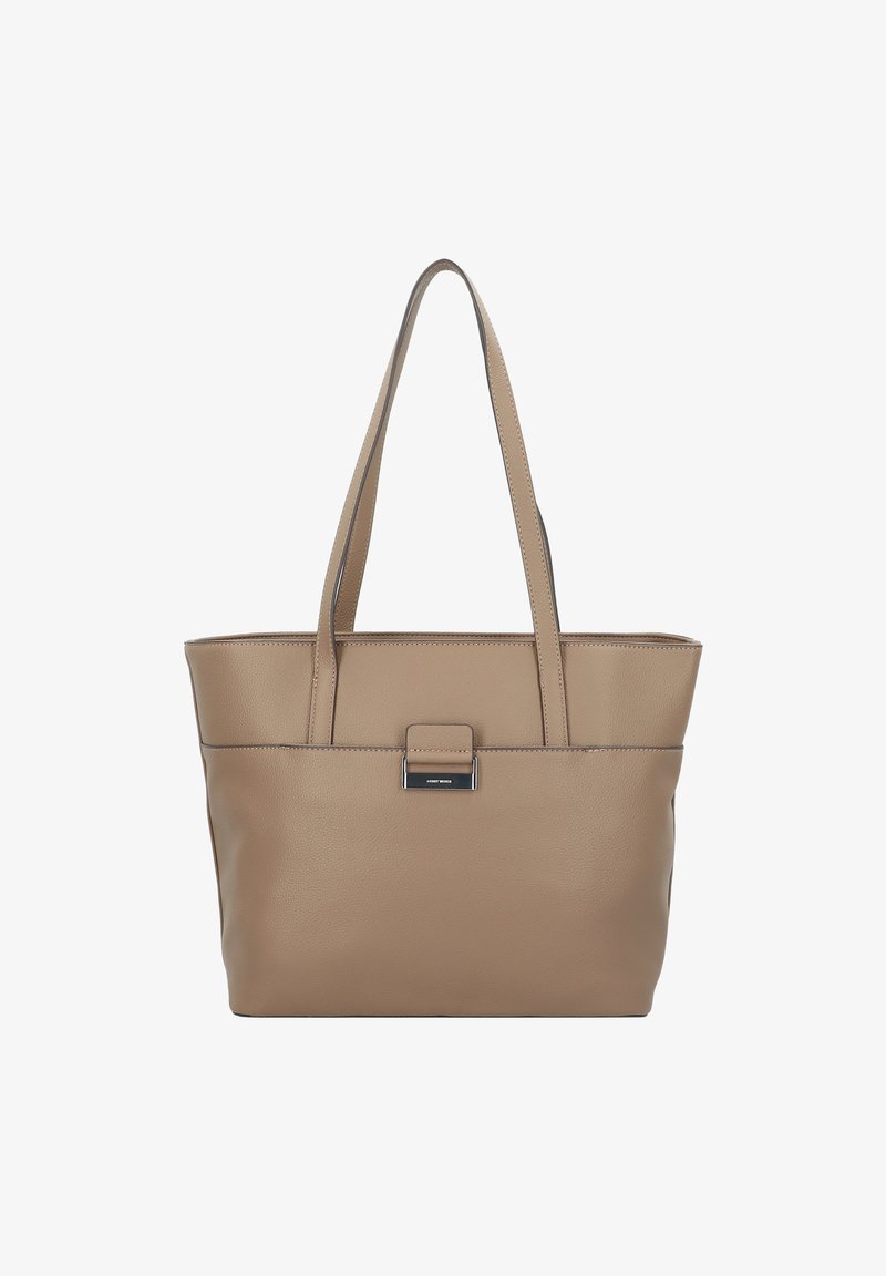 Beige tote bag made of textured leather, featuring two long handles and a front clasp detail with a silver-tone accent.