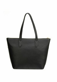 Sac cabas en cuir noir avec deux poignées, texture lisse, design ouvert et un accent de fermeture éclair dorée sur le dessus.