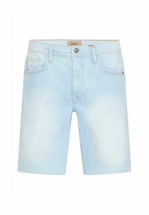 Shorts din denim de culoare albastră deschisă, cu cinci buzunare, închidere frontală cu nasture și o ușoară decolorare. Design cu picior drept, detalii cusute de-a lungul buzunarelor.