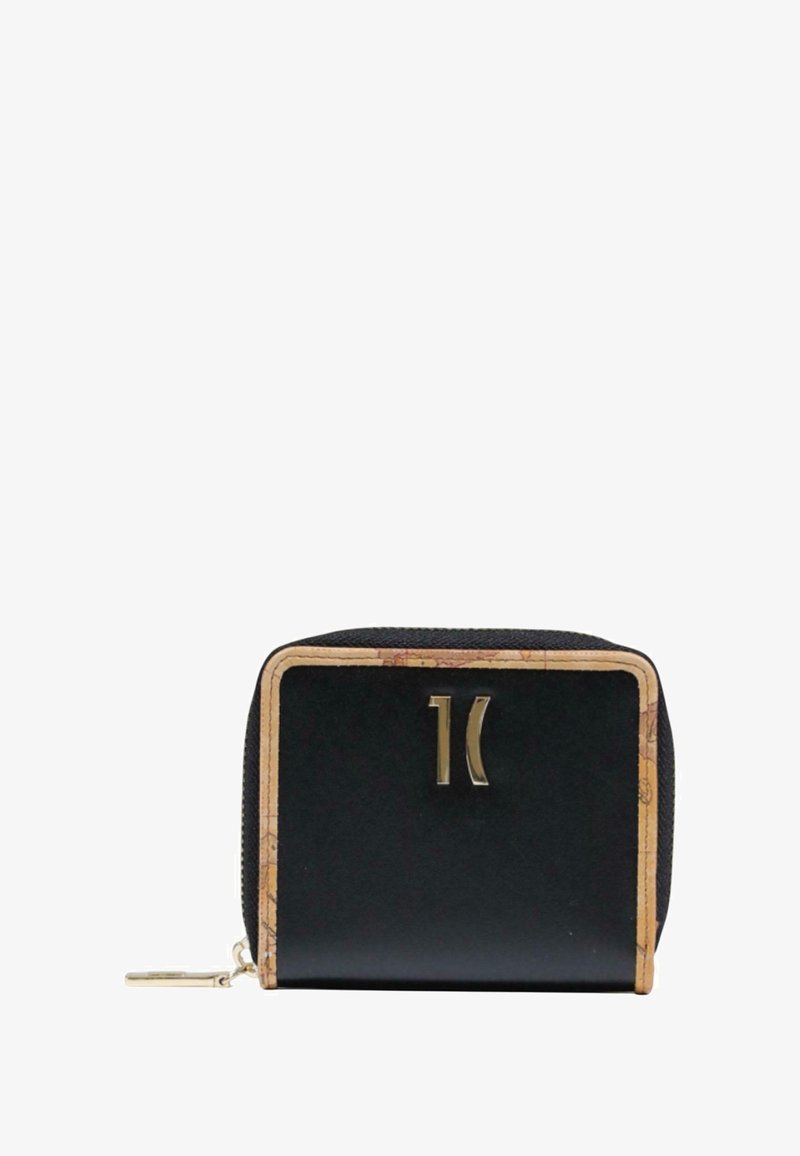 Portefeuille en cuir noir avec une fermeture éclair dorée, accentué par un bord supérieur beige. Présente un logo minimaliste et une forme rectangulaire. Design compact.