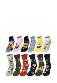 Set aus 12 Paar Baumwollsocken mit Cartoonfiguren. Die Farben umfassen Gelb, Pink, Blau, Marineblau, Grau und Schwarz mit verschiedenen Mustern.