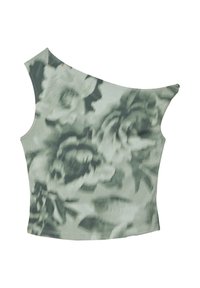 Blommig crop top i dämpade gröna toner, design med en axel, mjukt strukturerat tyg med stora blommönster, figurnära passform, ingen synlig hårdvara.