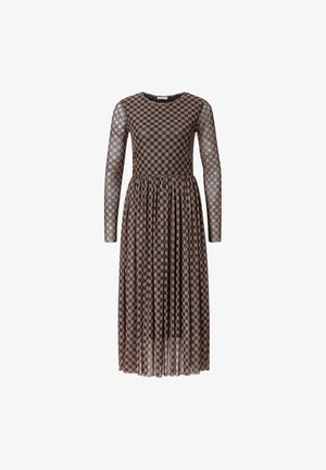 Robe à manches longues, tissu noir transparent avec petit motif floral, encolure ronde, jupe plissée, taille ajustée et texture légère.