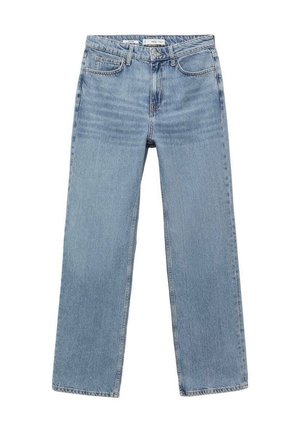 Jean droit bleu clair avec taille haute, bouton avant, fermeture éclair, passants de ceinture et cinq poches.