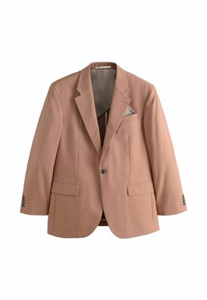 Enkeltknappet støvet lyserød blazer med notch revers, to frontlommer med klap, brystlomme med lommetørklæde og knapdetaljer på ærmerne.