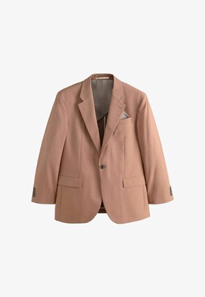Enkelschakelige stoffige roze blazer met notch-revers, twee voorzakken met klep, borstzak met pochet en knoopdetails op de mouwen.