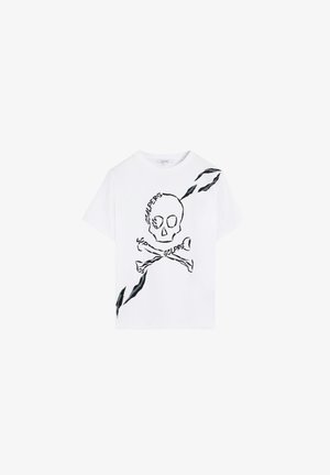 White cotton t-shirt featuring a black skull and crossbones graphic with "SCLPRS" text, and a torn design accent on the side.