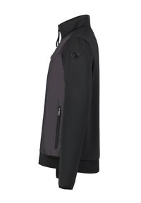 Herren Zip-Jacke in Schwarz und Dunkelgrau, aus weichem, strukturiertem Stoff, mit Stehkragen und seitlichen Reißverschlusstaschen.