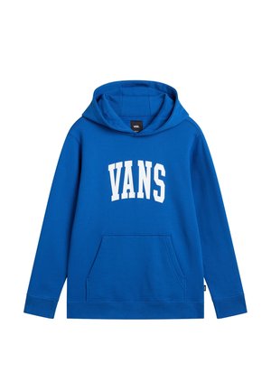 Blå hættetrøje med forlomme og stort hvidt "VANS"-logo trykt over brystet.
