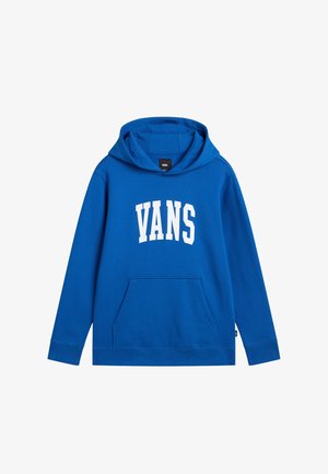 Blå hættetrøje med forlomme og stort hvidt "VANS"-logo trykt over brystet.