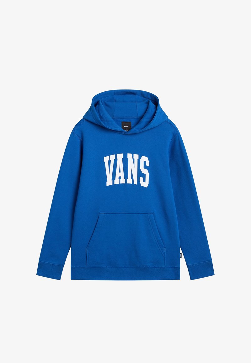 Sweat à capuche bleu avec poche kangourou devant et grand logo blanc "VANS" imprimé sur la poitrine.