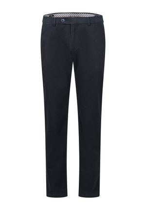 Pantaloni blu navy slim fit da uomo con chiusura a bottone e passanti per cintura, dotati di una vita interna a righe.