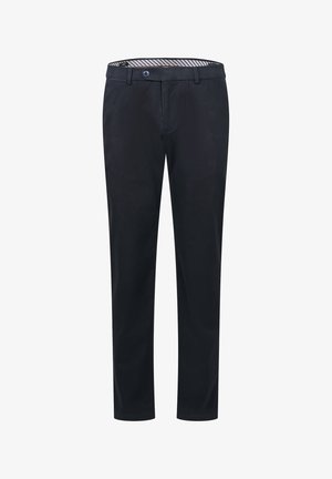 Herren-Slim-Fit-Hosen in Marineblau mit Knopfverschluss und Gürtelschlaufen, ausgestattet mit einem gestreiften Innenbund.