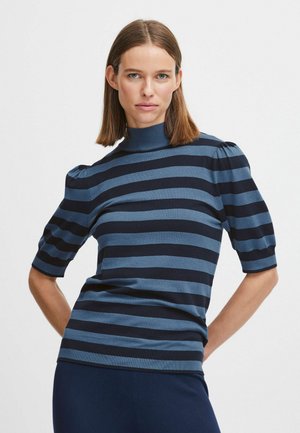 Strickpullover mit hohem Kragen, mit abwechselnd horizontalen Streifen in Marineblau und Hellblau, kurzen Puffärmeln und geripptem Saum.