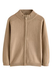 Maglione beige con cerniera e collo alto. Presenta bordi a costine, una texture morbida a maglia e un design lineare adatto per un abbigliamento casual.