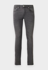 Vaqueros de mezclilla gris de corte slim, con diseño clásico de cinco bolsillos, cierre frontal de botón y un leve detalle texturizado en toda la prenda.