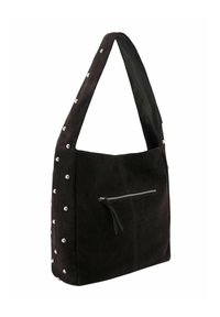 Sac à main en daim noir avec une large bandoulière, présentant des accents en clous argentés sur un côté et une poche zippée à l'avant.