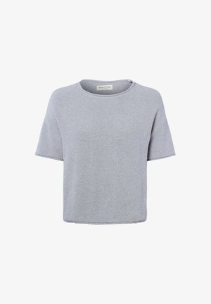 Hellgraues, kurzärmeliges, strukturiertes Strickoberteil mit Rundhalsausschnitt und geradem Saum, mit dem Etikett Marc O’Polo.