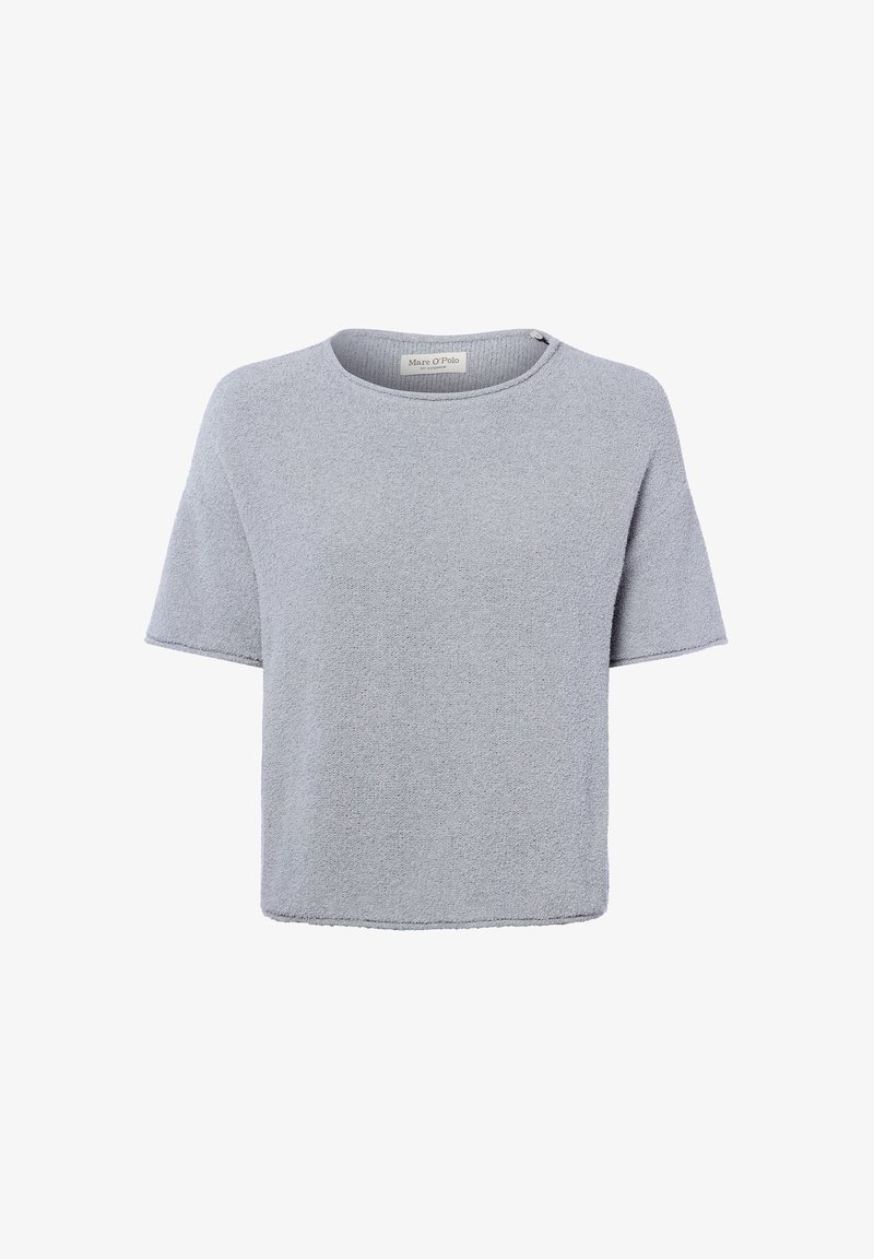 Hellgraues, kurzärmeliges, strukturiertes Strickoberteil mit Rundhalsausschnitt und geradem Saum, mit dem Etikett Marc O’Polo.