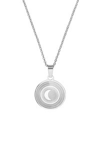 Srebrny naszyjnik z zawieszką o okrągłym wzorze z motywem księżyca i słońca, drobnym teksturowanym wykończeniem, oraz łańcuszkiem.